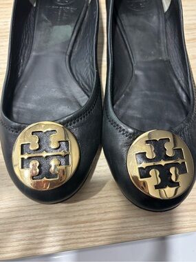 Tory Burch Black Leather Flats with Gold Logo Medallion